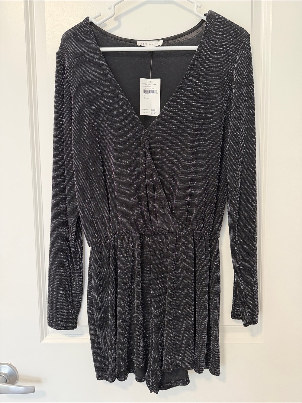 Socialite Black Metallic Long-Sleeve Wrap Romper